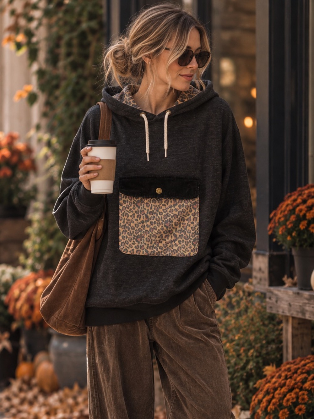 Women's Black Hoodie with Leopard Pocket Detail